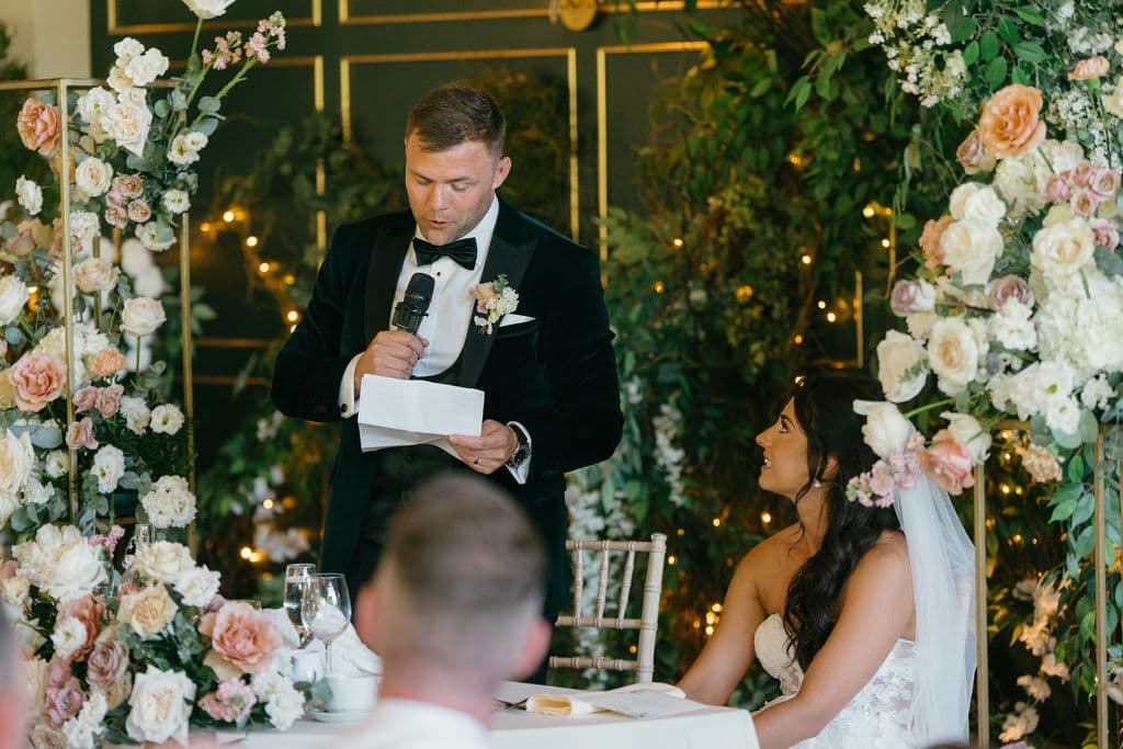 Nathan giving a speech at his wedding with Sinead